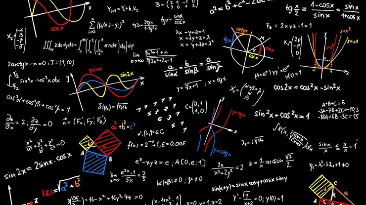 A stylized illustration of equations, formulas and graphs, representing a statistics major. 